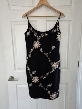 Maggy London Black Floral Slip Dress W/ Pink & Cream Embroidery W/ Beaded Straps